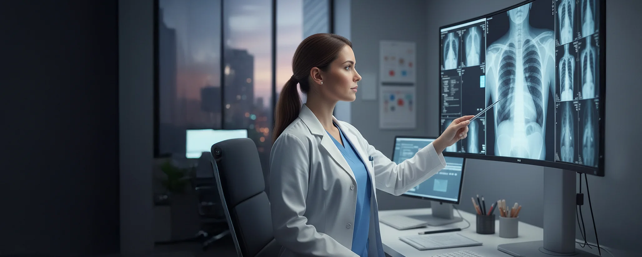Chiropractor reviewing spine X-rays on a large monitor in a clinical office