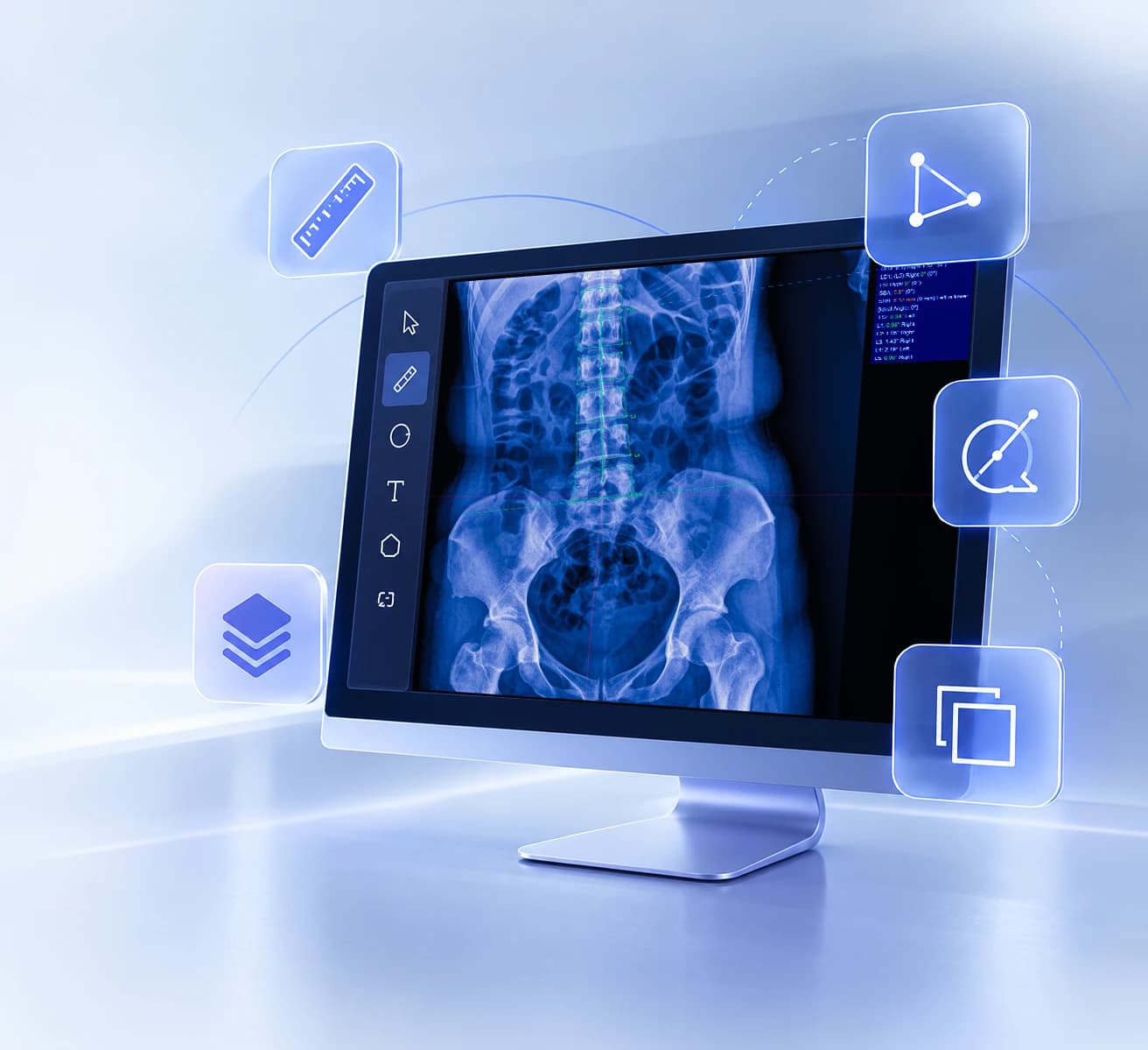 Monitor illustration showing an annotated AP lumbar X-ray with measurement and drawing tool icons