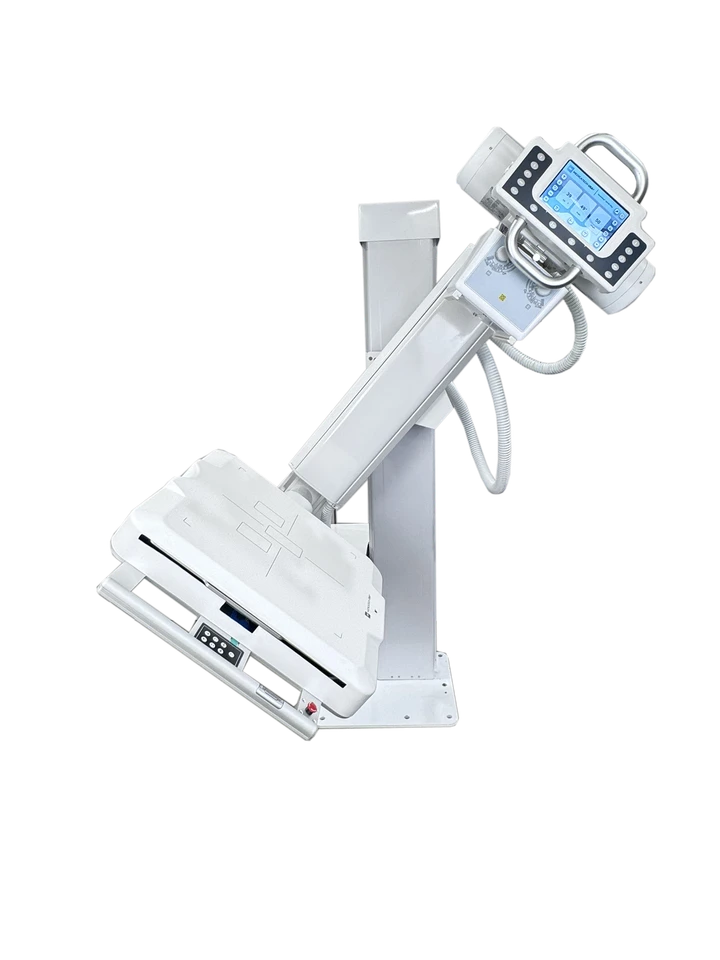 Digital chiropractic X-ray machine with angled imaging components and an integrated control display